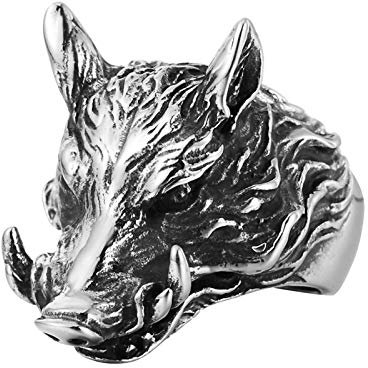 OAKKY Herren Heftig Stark Scharf Wildschwein Kopf Glücklich Ring Edelstahl Retro Gothic Punk Rock Band Unique Silber Schwarz Ton Größe 70 (22.3)