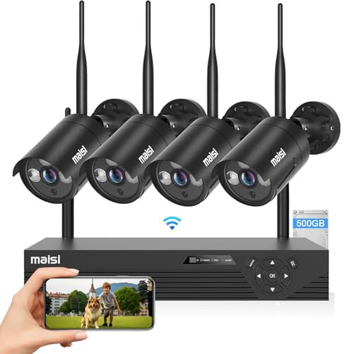 maisi 1080P HD Wireless CCTV Camera System, 8CH NVR + (4) 2MP Outdoor Home Security Surveillance WiFi Cameras, Motion Detection Alerts, Day/Night Vision, Remote Access, 500GB Hard Drive Disk
