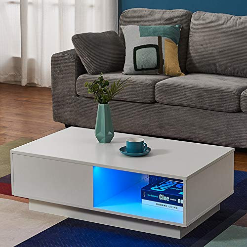 Panana LED Coffee Table with 1 Drawer And 1 Display Self, Rectangle Side End Table Sofa Tea Storage Table (White)