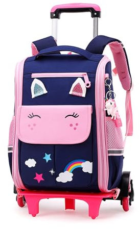 IvyH Schulrucksack Mädchen Jungen Teenager Rollen Trolleytasche Schulranzen Schulranzen Mädchen mit Rollen Schultasche Trolley Kinderrucksack Schultasche Laptoptasche 6-12 Jahre Alt, Blau Rosa