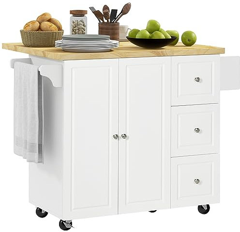 HOMCOM Küchenwagen, Kücheninsel mit erweiterbarer Arbeitsplatte, Servierwagen, Küchenschrank mit Rollen, Schublade und verstellbares Regal, Gummiholz, MDF, Weiß+Natur, 111,5 x 45-75 x 89 cm