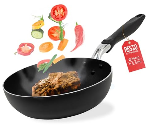 RESTO moderne Wokpfanne 24 cm, Wok, Bratpfanne mit hohem Rand - Antihaftbeschichtung – Ergonomischer Griff mit Aufhängeöse und Antiverformungsscheibe - Für alle Herdarten geeignet, auch Induktion