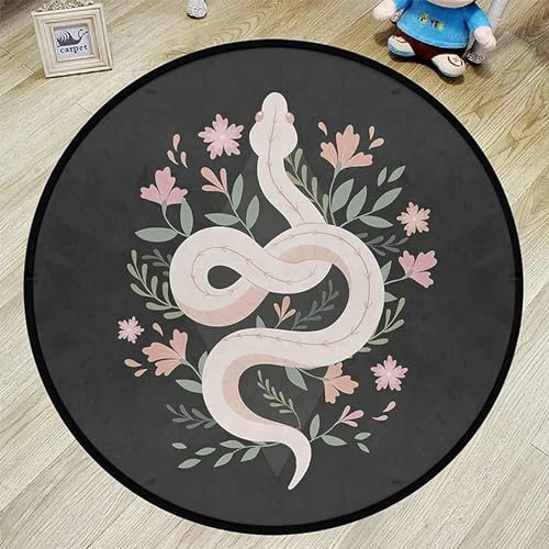 keepcute Runder Teppich mit Blumenmotiv – Schlange, rutschfest, schwarz, Bodenmatte, waschbar, weicher Bodenteppich für Wohnzimmer, saugfähig, runde Yogamatte, 1,2 m Durchmesser