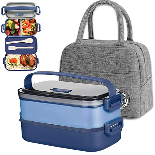 Haoh Fiambrera con Bolsa, 1600Ml Lunch Box con Compartimentos y Cubiertos, sin BPA, Hermetica Bento Box para Microondas y Lavavajillas