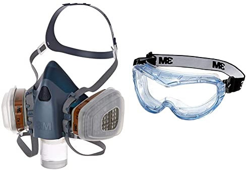 3M Gase-& Dämpfe-Maskenset mit 1 Stück 7503 Halbmaske (Größe L), 2 Stück 6055 A2 Gasfilter, 4 Stück 5935 P3R Partikelfilter, 2 Stück 501 Deckel, 7523L & Vollsichtschutzbrille Fahrenheit FheitAF