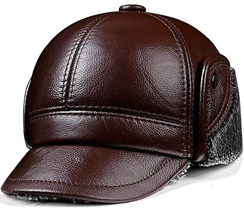 JIARY Mütze Herren,Wintermütze aus Leder mit Ohrenklappenfür,Leder Fliegermützen Mit Ohrenschutz Winter Mützen Warm Kappe,Brown b,L