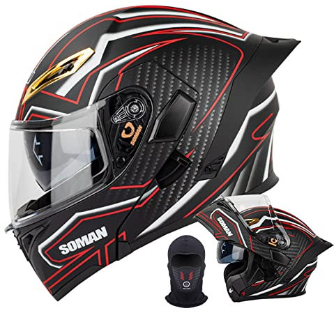 Modularer Motorradhelm Mit Schwanz, Leichte Flip Up Vorderhelme Dual Anti-Fog Visors Full Face Street Bike Helm Für Erwachsene Männer Frauen, DOT/ECE Genehmigt,Dumb Black red line,XXL