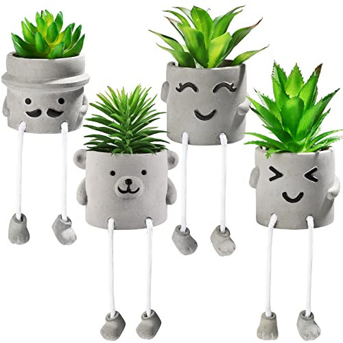 Set of 4 Artificial Potted Plant, Cute Fake Succulent Plant with Hanging Leg Fake Plant Faux Succulent Emotional Cement Potted for Home Desk Shelf Kitchen and Office Decor(4 PCS)