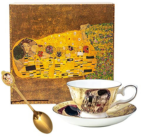 DECRZPB Ensemble tasse à café et soucoupe en céramique Tasse à café et soucoupe en poterie Gustav Klimt Embrasser cadeau d'anniversaire pour le bureau et la maison