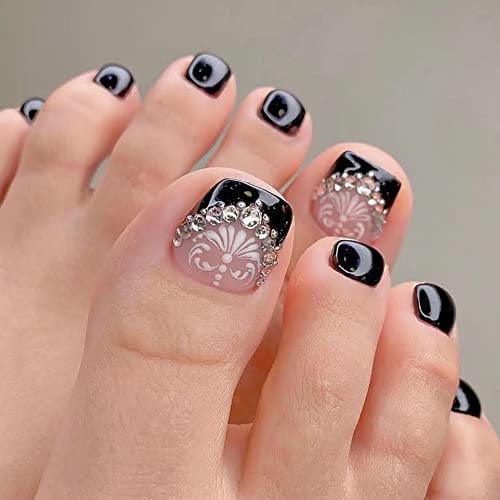 Carufin 24pcs Square Crystal Flowers Fake Toenails Glossy Press on Toe Nails Short Acrylic False Toes Nails Artificial Toenail for Women Girls (B)
