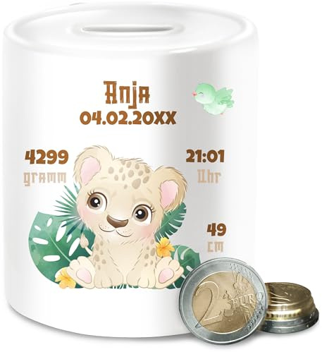 Spardose - Geburtsgeschenk Löwin Datum Gewicht Uhrzeit Größe I Geschenk zur Geburt - Unisize - Weiß - mädchen personalisierte Baby Geschenke neugeboren Elefant Keramik Geld verschenken