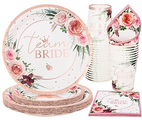 PARTY GO 100PCS Team Bridal Shower Party Supplies Bachelorette Paper Plates Napkins Cups Disposable Tableware Set, Bride Favors Decor for Engagement Wedding Bachelorette Party (25 Guests, Rose Gold)