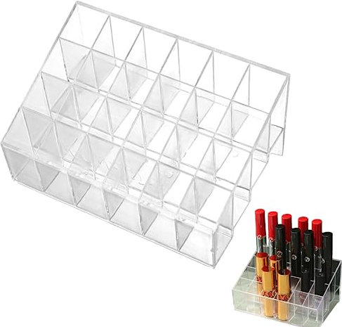 PeiDog Lipstick Holder, 24 Spaces Clear Acrylic Lipstick Organizer Cosmetic Makeup Organizer for Brushes, Bottles，Clear Case Display Rack Holder