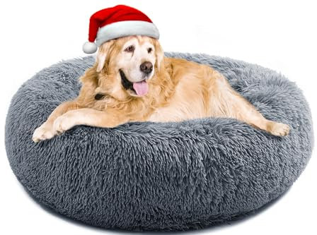YOJOGEE Calming Donut Dog Bed for Large Medium Dogs, Fluffy Anti Anxiety XXl Dog Beds Extra Large Washable Puppy Bed Non-Slip Plush Cuddler Warming Round Faux Fur Pet Bed Dark Grey