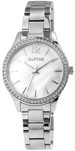 Raptor Damen-Uhr Edelstahl Armbanduhr perlmuttfarbigen Zifferblatt silberfarbig Glitzer Japanisches Quarzuhrwerk 3-Zeiger