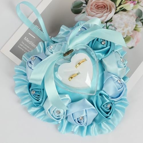 SYSUII Hochzeit Ringkissen, Vintage Hochzeitsdeko Ehering-Kissen mit Satinband Schleife Ringhalter in Herzform Hochzeit deko Strass Ring Kissen Ringbox Kissen für Eheringe Verlobung Valentinstag-Blau