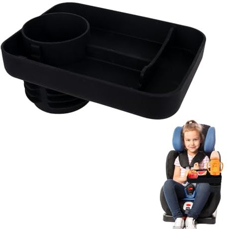 Qivine 2 in 1 Car Travel Tray for Kids, Silicone Car Seat Tray with 4 Compartments, 360 ° Rotating Cup Holder Fit Less Than 2.75 Removable Toddler Bottle Snack Tray Fits Most Car Seats Sofa