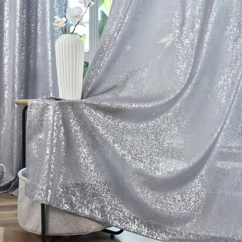 TERLYTEX Silberne Vorhänge, 244 cm lang, metallische Silberfolie, Punkte, glitzernde Vorhänge, 2 Paneele für Wohnzimmer, mit Ösen, halbdurchsichtig, schimmernde Vorhänge, 132 x 244 cm, Silbergrau