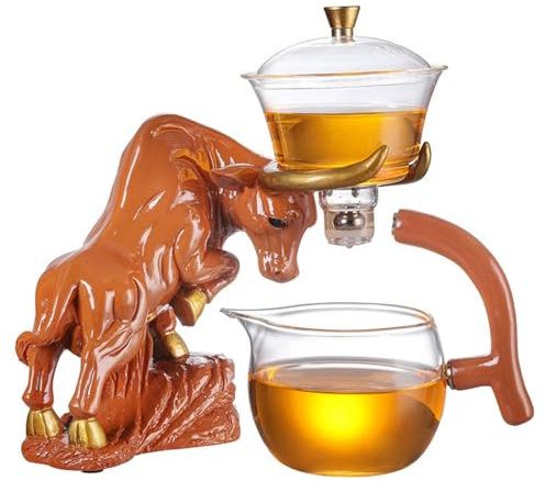 Cow Type Glass Whiskey Decanter, Hand Made Semi Automatic Drip Rotating, Animal Liquor Decanter Made for Bourbon, Whiskey, Rum or Tequila (Color : Brown Cow Tea Set)