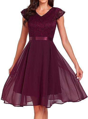 Robe de mariée à manches courtes pour femme pour le mariage, robe de soirée formelle mi-longue en dentelle, robe courte en mousseline de soie pour femme, robe tunique élégante robe trapèze, lilas, M