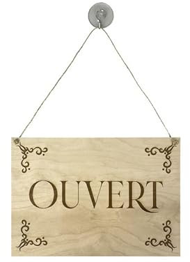 Panneau OUVERT - FERMÉ en bois brut format A4 avec fixation ventouse