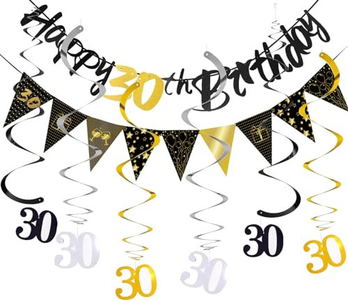 30 Geburtstag Männer Frauen Deko Set, Wirbel 30 Geburtstag Deko Banner, Luftschlangen Deko 30 Geburtstage Frau Mann, 30. Geburtstage Deko Girlande Schwarz Gold,Spiralen Geburtstagsdeko 30,Rip 20s Deko