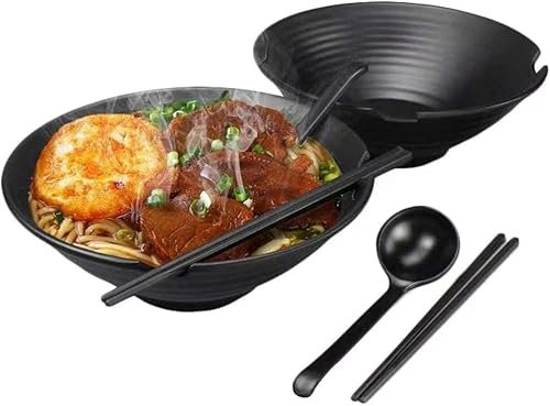 Ainbonte Juego de Tazones de Ramen Japonés, Cuenco de Sopa con Cuchara y Palillos, 1100 ml Cuencos para Pasta Udon Fideos Ssiáticos, apto para Lavavajillas, Negro (2)