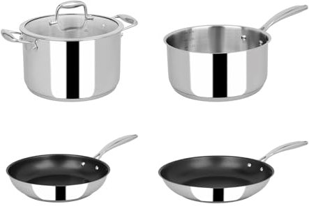 Sitram 716890, Batterie de Cuisine Acier inoxydable Qualité Pro 4 Pcs : Casserole Ø 20cm, 2 Poêles Ø 24-28cm revêtement anti adhérent sans PFOA, 1 Faitout Ø 24 cm - tous feux dont induction