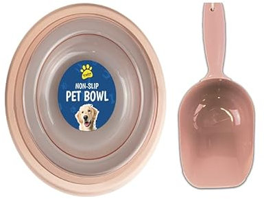 Dog Bowl With Pet Food Scoop Feeding Bowls For Dogs Cats Rabbit Hamster Puppies Coloured Transparent Plastic Main Section With Non Slip Rubber Ring Around Base (1 Bowl And 1 Scoop Set) (Pink)