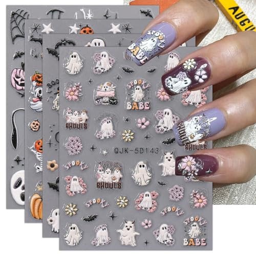 5D Halloween Nail Stickers, 4 Sheets 5D Self-Adhesive Embossed Pink Nail Decal Ghost Pumpkin Nail Art Decoration Design Supplies