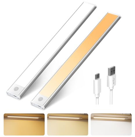 Unterbauleuchte Küche LED 30CM, 2 Stück Schranklicht mit Bewegungsmelder, 3 Arbeitsmodus & 3 Farbmodi & Stufenloses Dimmbar, Wiederaufladbares Unterbauleuchte LED Kabellos für Küche Schlafzimmer