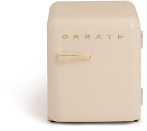 CREATE / RETRO FRIDGE 50 GOLD/Kühlschrank in Sand, Griff Gold / 85W, Minibar, eine Regalfläche, Retro-Design, 50cm, zwei Ablagen, 48L Fassungsvermögen, energiesparend, 50x44x49,8cm