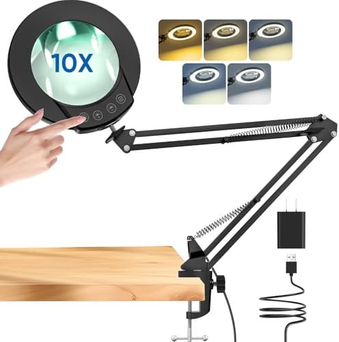 mandland 10X Lupe mit Licht und Klemme, beleuchtete Lupe aus echtem Glas mit 5 Farbmodi und stufenloser Dimmbarkeit, freihändige Schreibtischlampe für Hobbys, Basteln, Lesen und Naharbeit (schwarz)