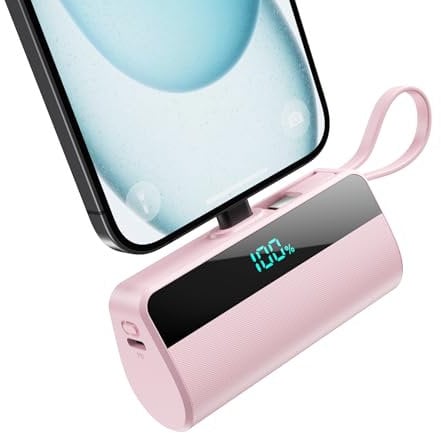 Mini Portable Charger for iPhone, 5500mAh Power Bank with Built in USB C Charging Port, 20W PD Fast Charging Battery Pack with 2 Output Compatible with iPhone 16/15/14/13/12/11/X Samsung- Pink