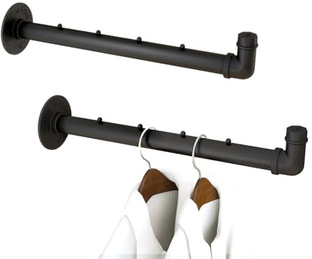 IBUYKE Kleiderstange Wandmontage 2 Stück, 40cm Metall Industrierohr Garderobenstange für die Wand, Multifunktionale Rustikale Kleiderständer Wandmontage für Schlafzimmer Wohnzimmer, Schwarz TYJ008H-2