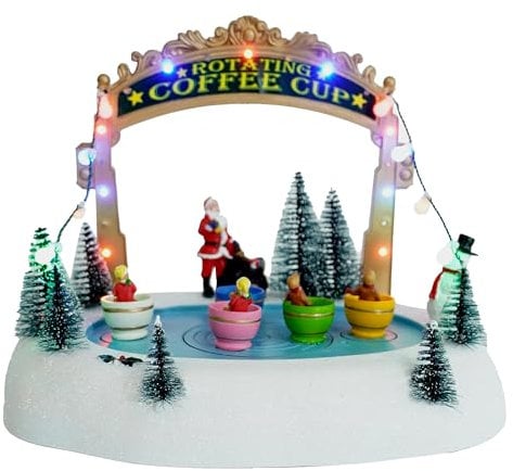 Spetebo LED Weihnachtsszene Eisbahn mit Kaffee Tassen mit Musik - 27 x 21 cm - Deko Winterstadt Szene beleuchtet Batterie betrieben - Weihnachtsdorf Szene Tischdekoration Weihnachtsdeko