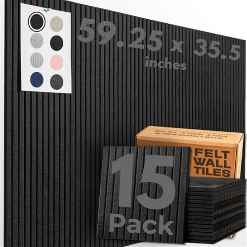 Large Cork Boards for Walls Black Felt Board Alternative - 15 Pack - Slat Wall Paneling, Felt Bulletin Board Tiles for Office Decor, Push Pin Board Office Wall Organizer (Black)