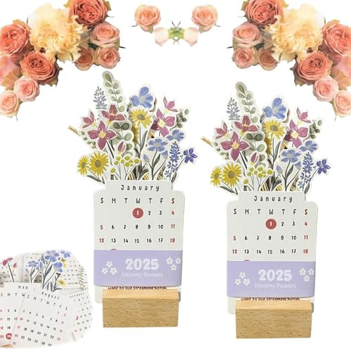 Blumenkalender 2025, Lanenow-Kalender, Blumen-Tischkalender 2025, Blumen-Tischkalender 2025 mit Holzsockel (2pcs)