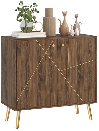 HOMCOM Buffet Wohnzimmer Aufbewahrungsmöbel mit goldfarbener Stahlliniendekoration, verstellbarer Regalboden, Stahlfüße, für Wohnzimmer, Esszimmer, Abm. 80 x 37 x 77 cm, braun und schwarz
