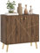 HOMCOM Buffet Salon Meuble de Rangement avec décoration à Lignes d'acier dorées, étagère réglable, Pieds en Acier, pour Salon, Salle à Manger, dim. 80 x 37 x 77 cm, Marron et Noir