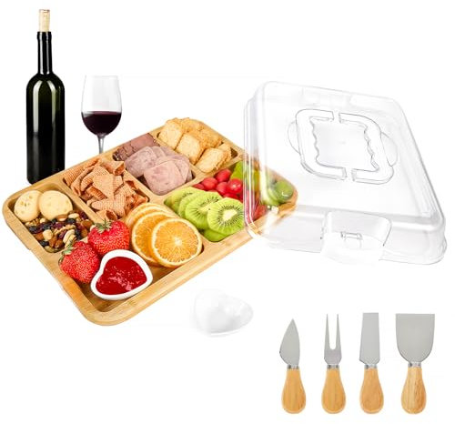 Fuyuleyo Cheese Board and Knife Set, Portable Charcuterie Boards with Lid, Handle and Compartments, Wooden Serving Board for Cheese and food, Bamboo Cheeseboard Gift Set for House Warming Gifts