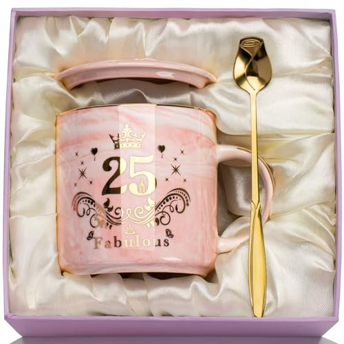 WXYTXHYQ 25th Birthday Gifts for Her, 25th Birthday Decorations Marbled Ceramic Cup 14oz, 25t-h Birthda-y Gifts for Women, Fun Coffee Cup with Spoon, Card, Lid, Giftbox