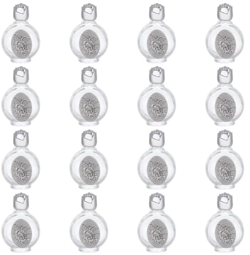 WEBEEDY 16 Bouteilles D'Eau Bénite en Verre 15 ml Bouteille Vide en Relief Décorative pour L'Église Bouteilles pour la Maison Décoration de Fête de Baptême (Argent) Saint Michel L'Archange