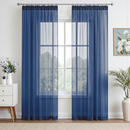 EMEMA Gardinen Vorhänge mit Kräuselband 2er H225xB140cm Dunkelblau Vorhang | Transparente Gardine Vorhänge mit Kräuselband aus Einfarbig Transparent Voile Wohnzimmer Luftig Dekoschal für Schlafzimmer