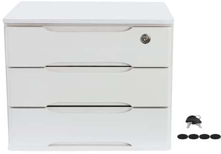 HOARLICN Schubladenbox Schreibtisch, Box Abschließbar 5kg Tungholz Mit 5-Stufiger Organizer Schlüssel Anti-Rutsch-Pads Für Büro, Schlafzimmer,Arbeitszimmer (Weiß, 3 Schichten)