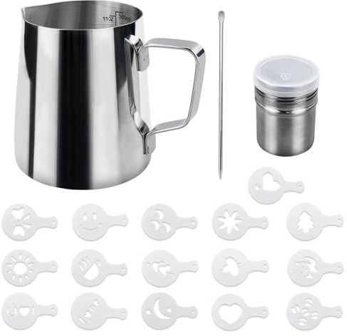 Milk Frothing Jug 350ml (12oz),Stainless Steel Milk Pitcher Cup Barista Milk Jug and Latte Decorating Art Pen for Making Coffee Cappuccino Frothing Milk Coffee Machine, Silver