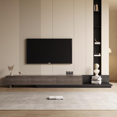 TV Cabinet with 3 Drawers – Extendable TV Unit Adjustable from 200cm to 330cm, Grey TV Stand for Living Room (Black Walnut)