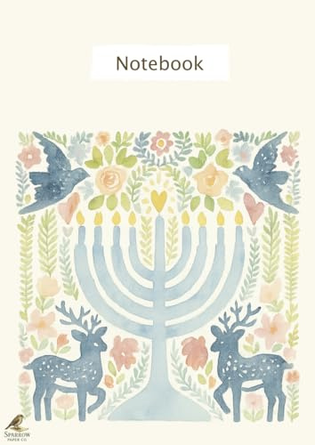 A4 Jewish Notebook – 120 Cream Pages, College Ruled, Watercolor Menorah Journal with Doves and Deer, Hanukkah Floral Design, Hebrew Gift for Kids, Teens, Adults – Sparrow Paper Co.