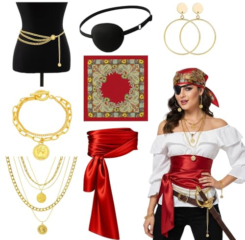 BrKern 7 Stück Piratenkostüm Damen Zubehör mit Satin Kopftuch, Augenklappe, Gürtel, Taillenkette, Halskette, Armband & Ohrringen für Karneval, Mottoparty & Halloween