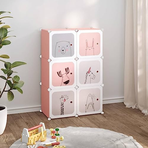 HaoChrymec Kinderschrank Modular mit 6 Würfeln, PP, Stabil, Farbiges Muster, Aufbewahrungsregal für Kinderzimmer, Kleiderschrank für Kinder, Rosa, 74 x 36.5 x 108 cm